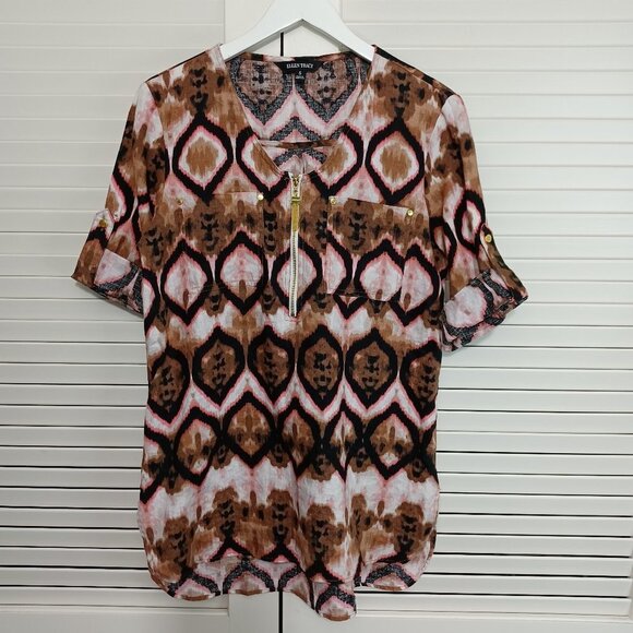 Ellen Tracy Linen Tunic Top Ikat Print Zipper Detail Size Small - Picture 11 of 11